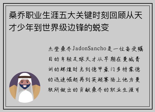 桑乔职业生涯五大关键时刻回顾从天才少年到世界级边锋的蜕变